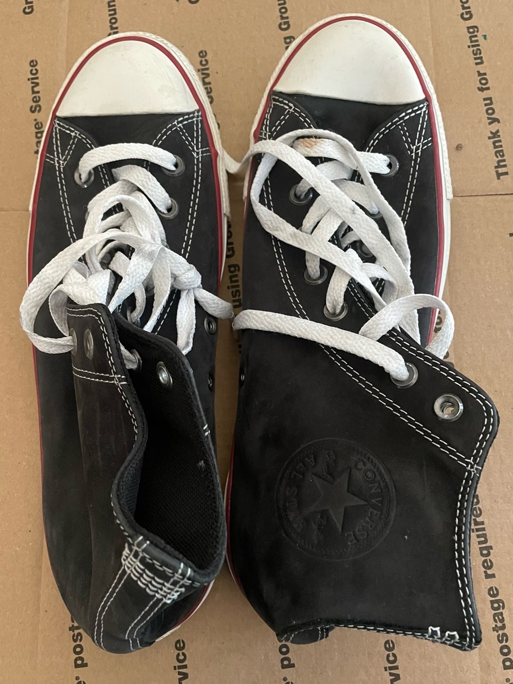 Converse Black and White High-Top Sneakers with Red Trim